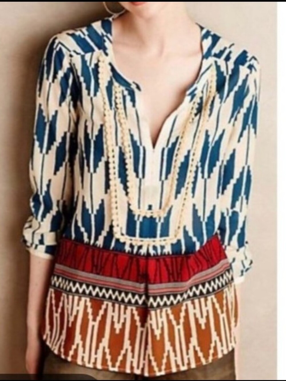 Anthropologie Maeve Rohana Ikat Split-Neck Blouse 2 XS